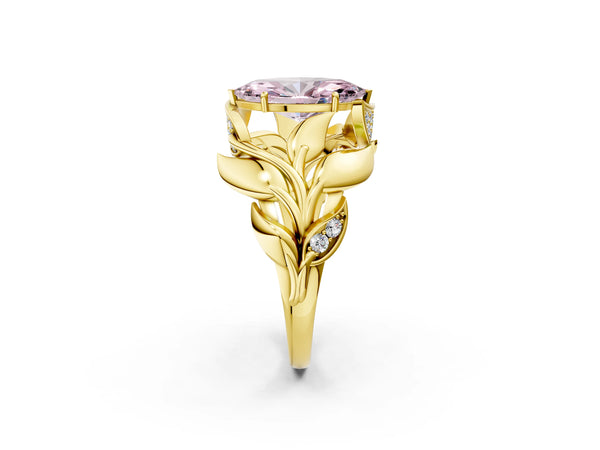 Yellow Gold Marquise Leaf Bypass Engagement Ring Setting for Fancy Pink Center with Pave Leaf Panels