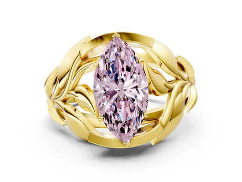 Yellow gold Fancy Pink Marquise Cut Solitaire Leaf-Inspired Engagement Ring with Prong Setting