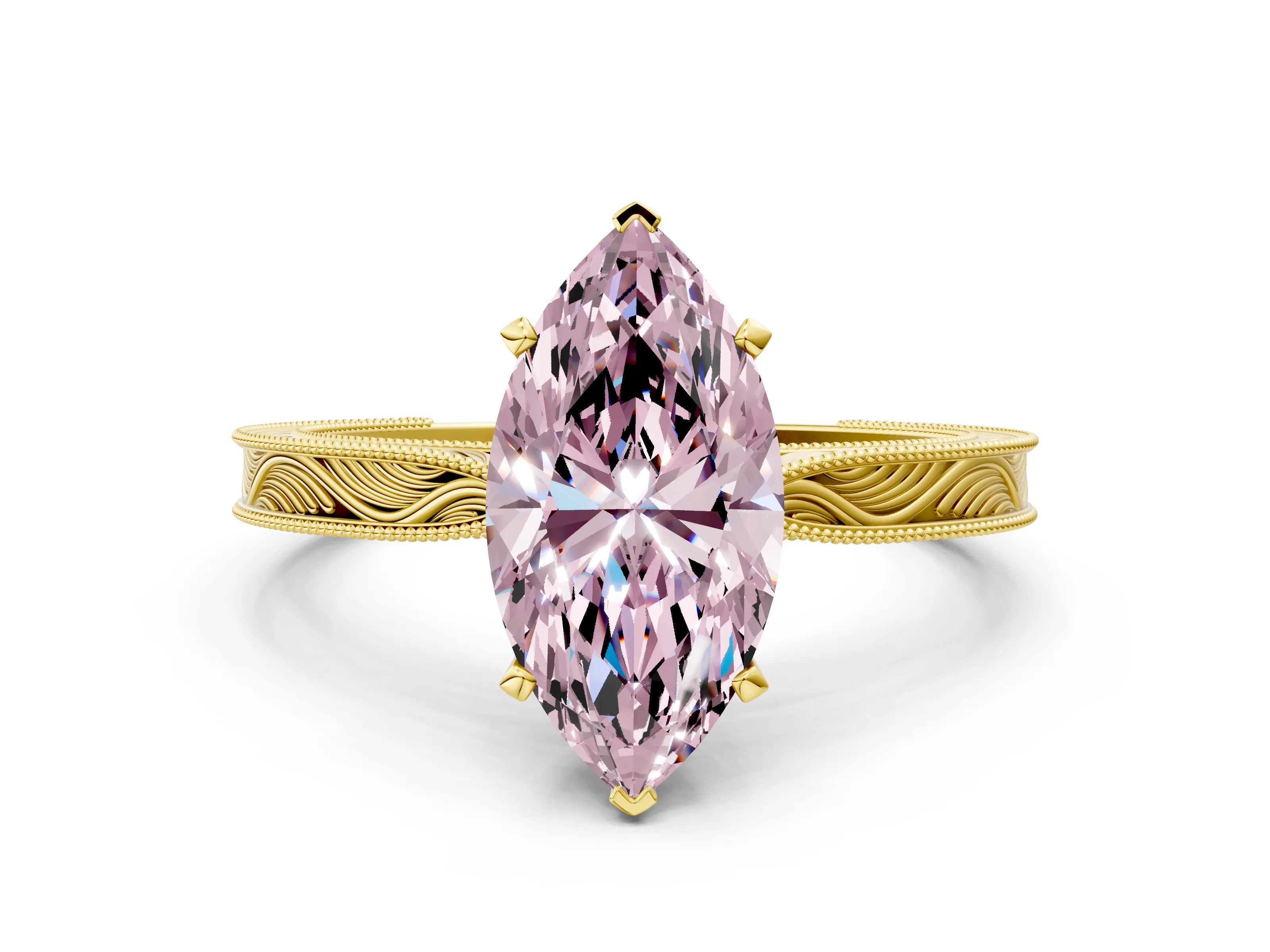 Yellow gold Fancy Pink Marquise Cut Solitaire Milgrain Engraved Band with Four-Prong Setting