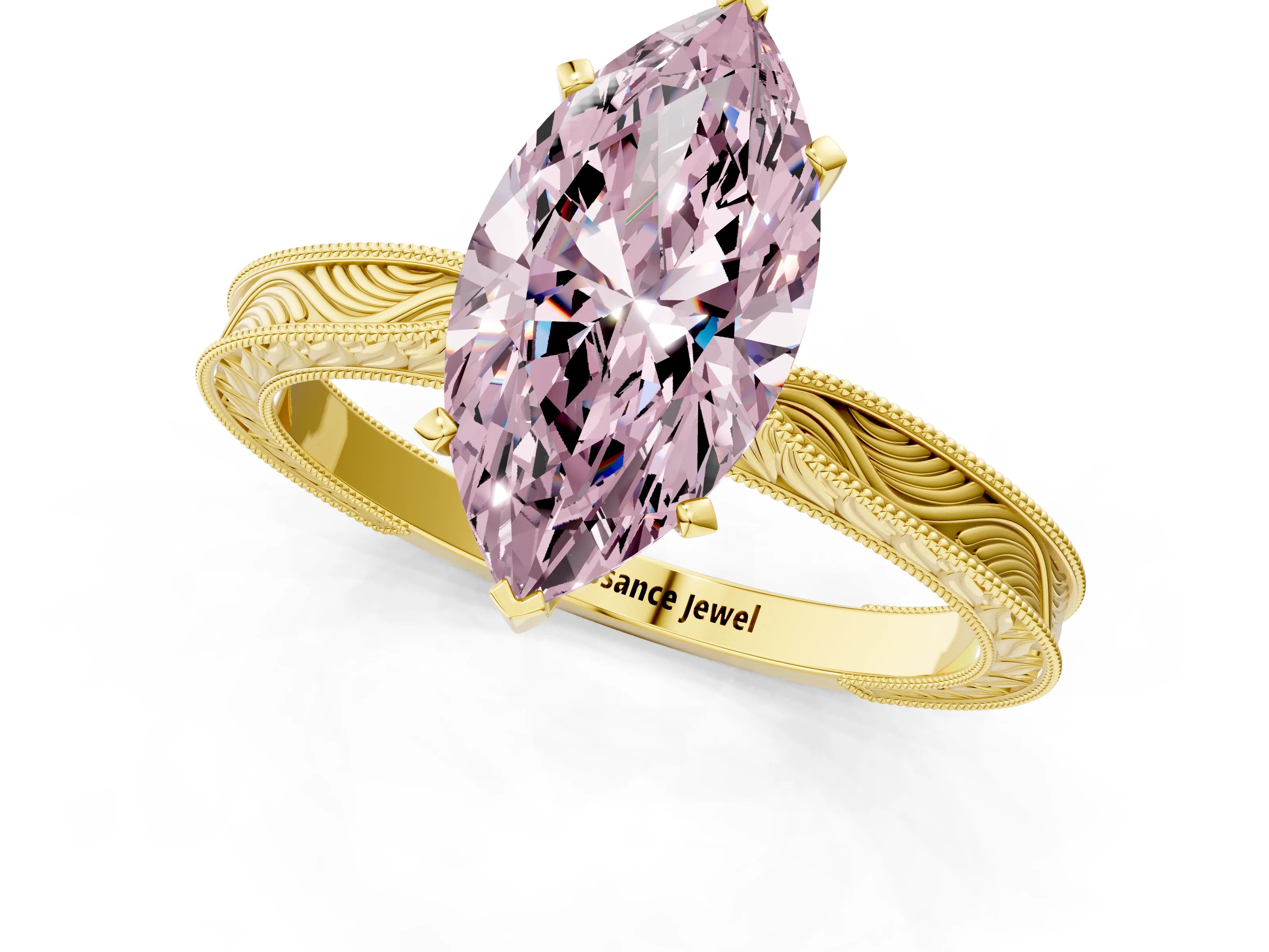 Yellow gold Fancy Pink Marquise Cut Solitaire Milgrain Engraved Band with Four-Prong Setting_1