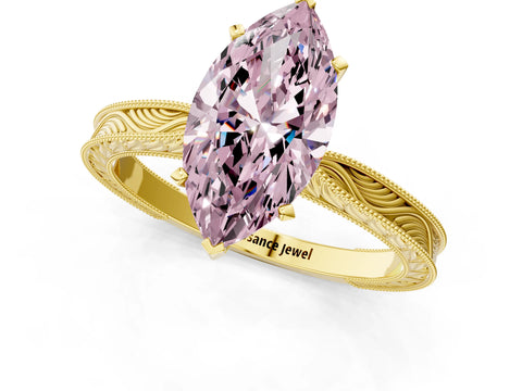 Yellow gold Fancy Pink Marquise Cut Solitaire Milgrain Engraved Band with Four-Prong Setting_1