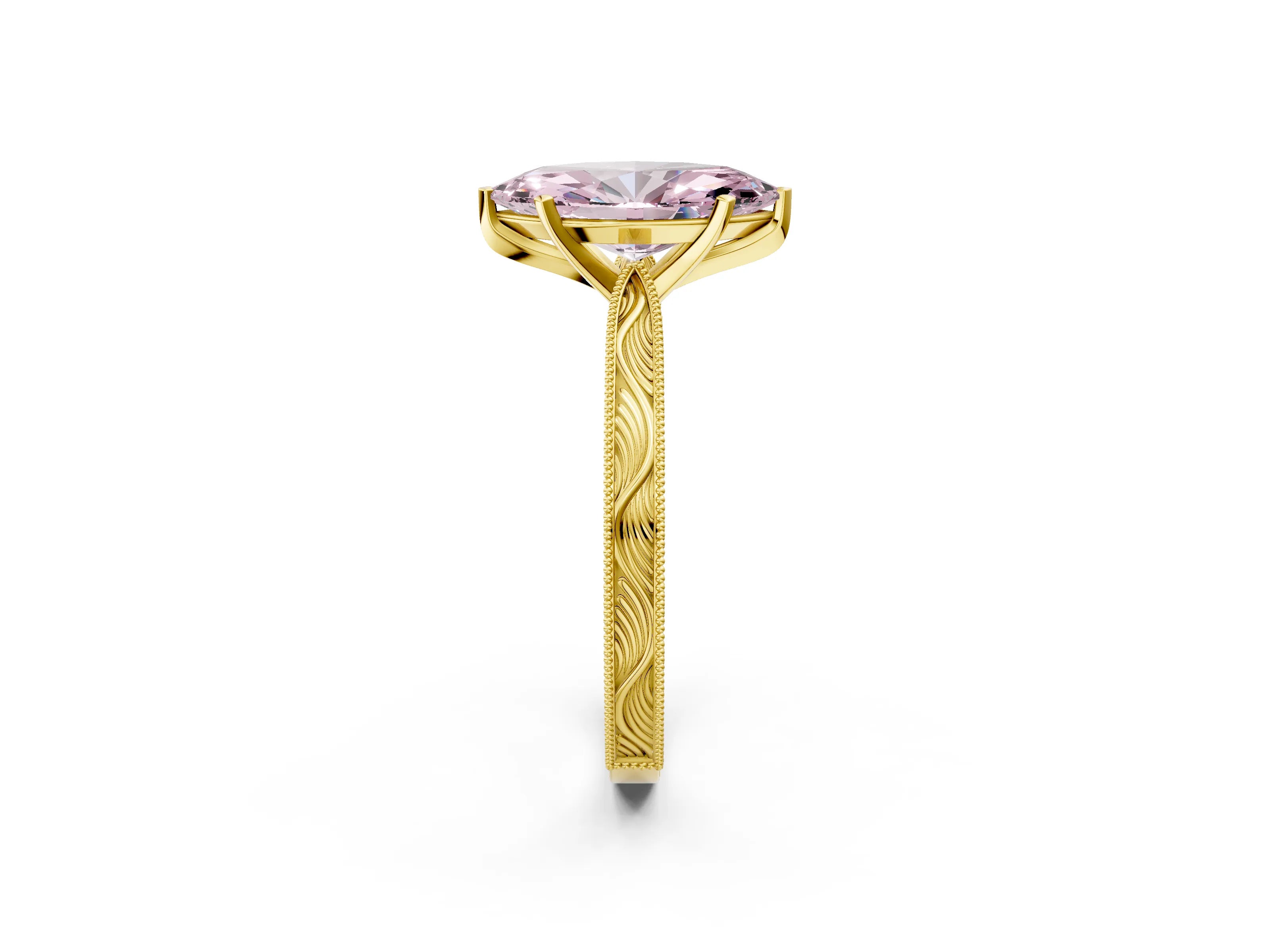 Yellow gold Fancy Pink Marquise Cut Solitaire Milgrain Engraved Band with Four-Prong Setting_2