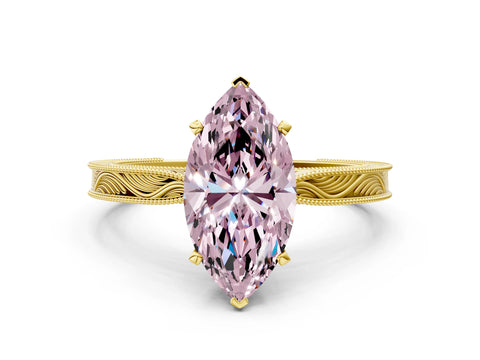 Yellow gold Fancy Pink Marquise Cut Solitaire Milgrain Engraved Band with Four-Prong Setting