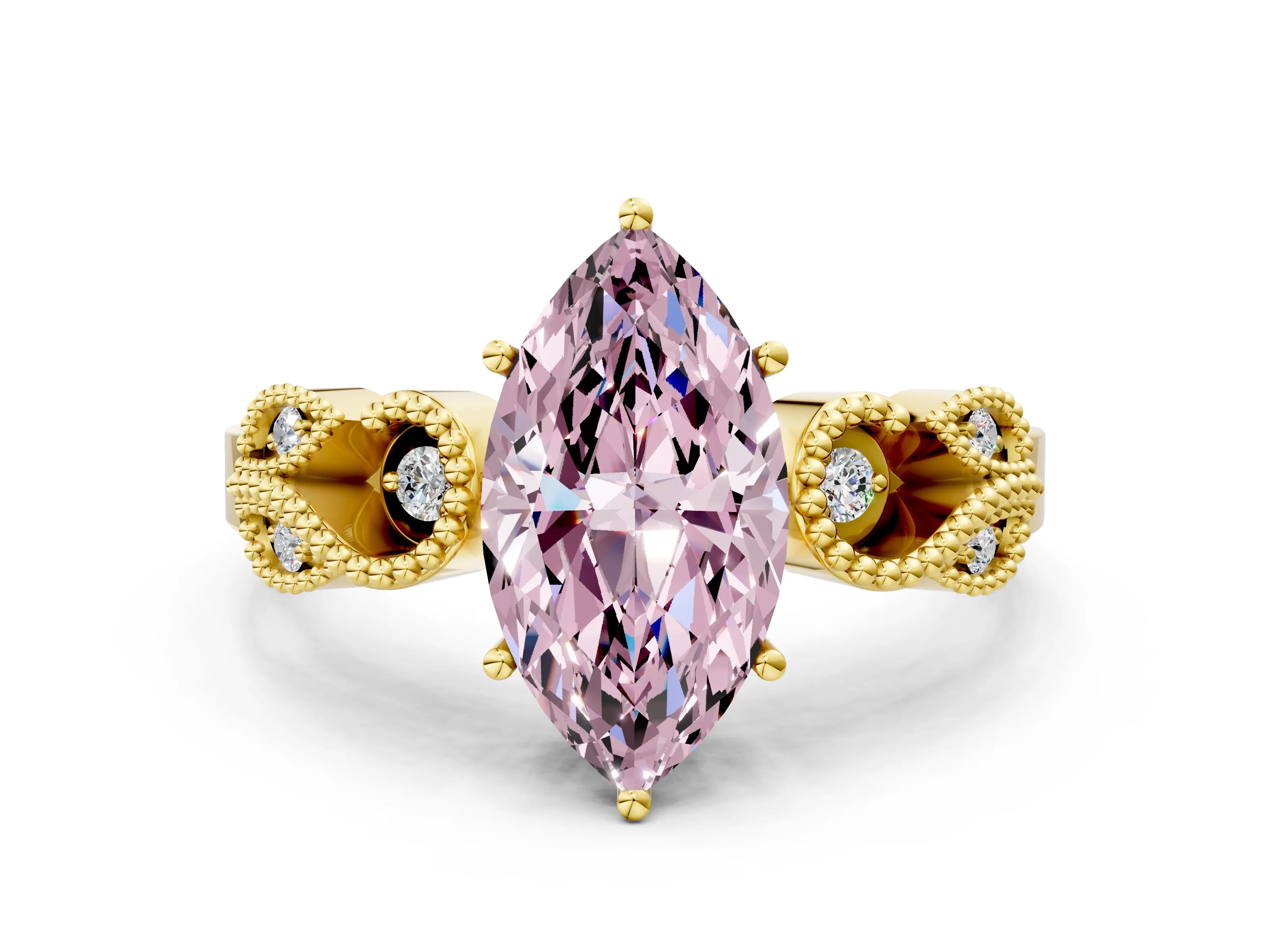 Yellow gold Fancy Pink Marquise Cut Solitaire Milgrain Leaf Band with Prong Setting