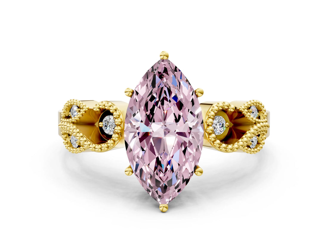 Yellow gold Fancy Pink Marquise Cut Solitaire Milgrain Leaf Band with Prong Setting