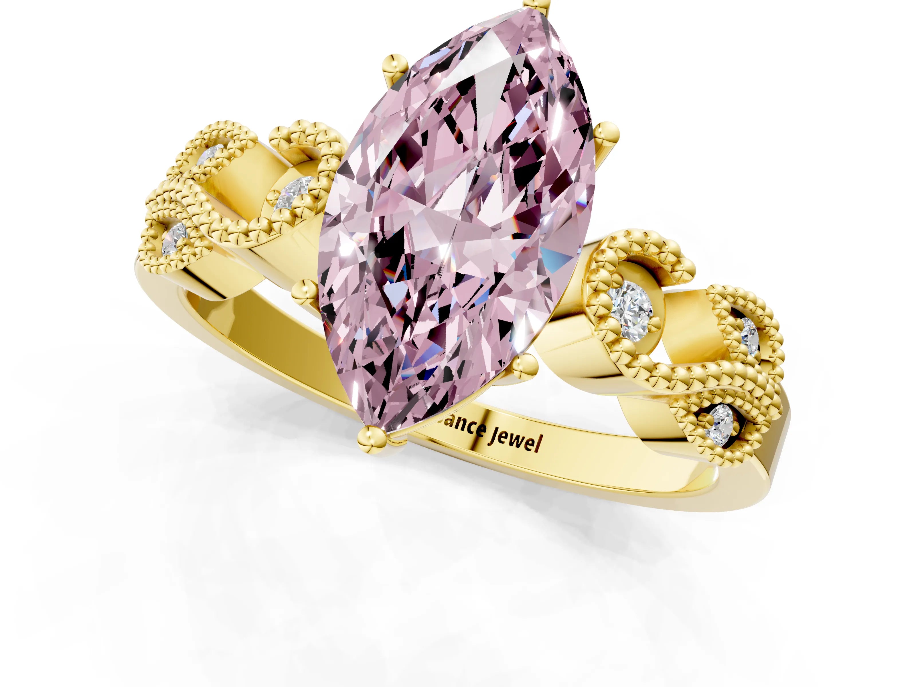 Yellow gold Fancy Pink Marquise Cut Solitaire Milgrain Leaf Band with Prong Setting_1