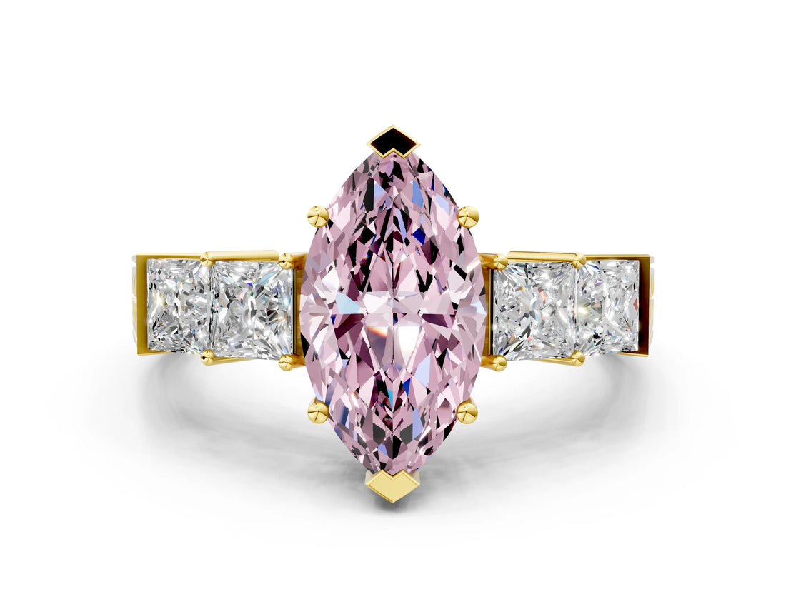 Yellow gold Fancy Pink Marquise Cut Solitaire Princess Side Stone Engraved Band Prong Setting Ring