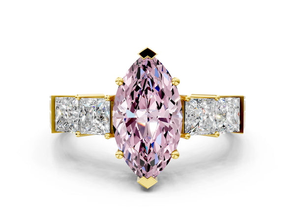 Yellow gold Fancy Pink Marquise Cut Solitaire Princess Side Stone Engraved Band Prong Setting Ring