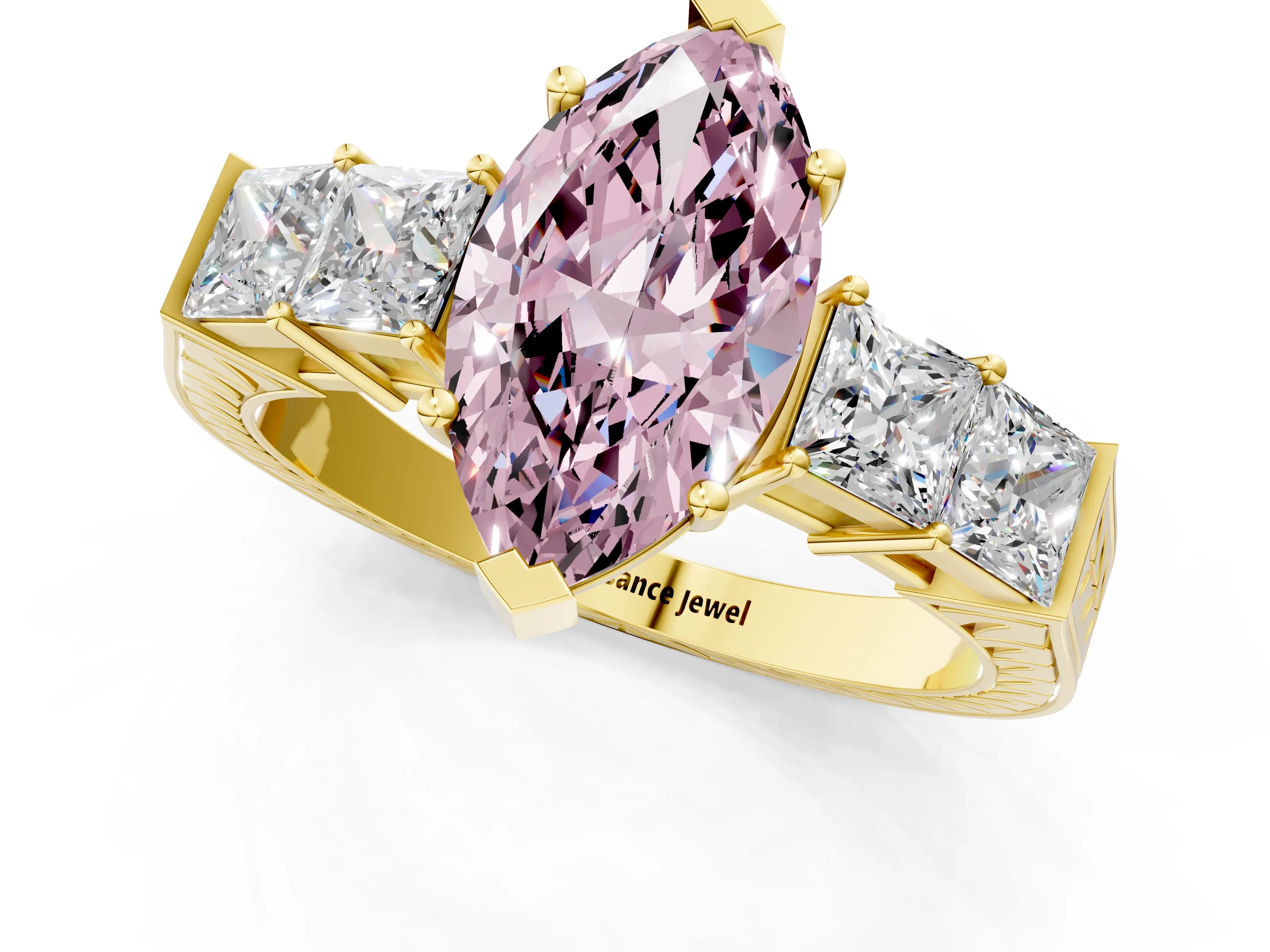 Yellow gold Fancy Pink Marquise Cut Solitaire Princess Side Stone Engraved Band Prong Setting Ring_1