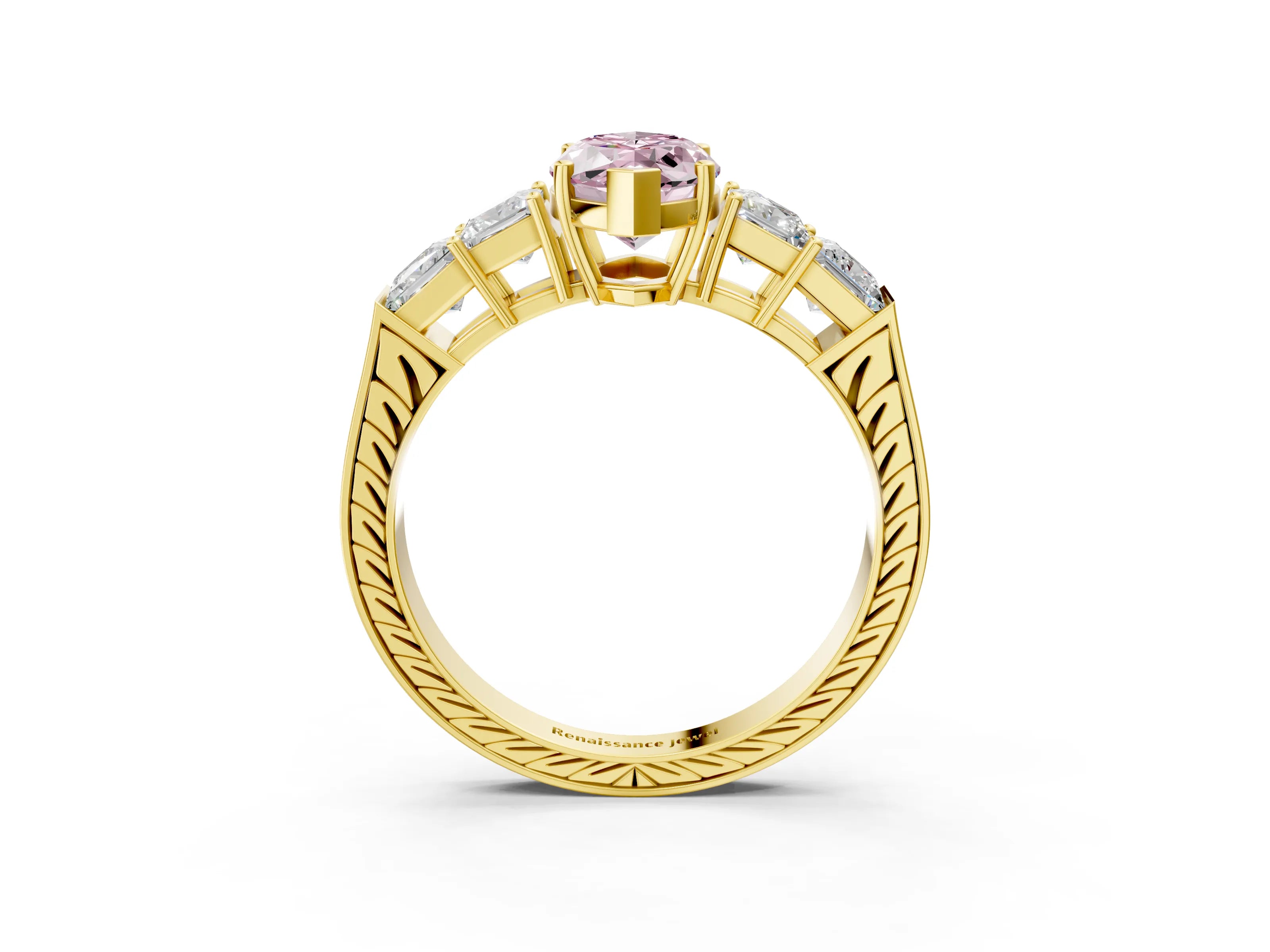 Yellow gold Fancy Pink Marquise Cut Solitaire Princess Side Stone Engraved Band Prong Setting Ring_3