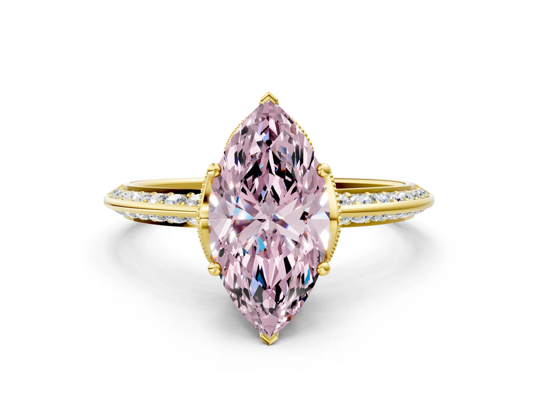 Yellow gold Fancy Pink Marquise Cut Solitaire Split Shank Pave Diamond Engagement Ring with Four-Prong Setting