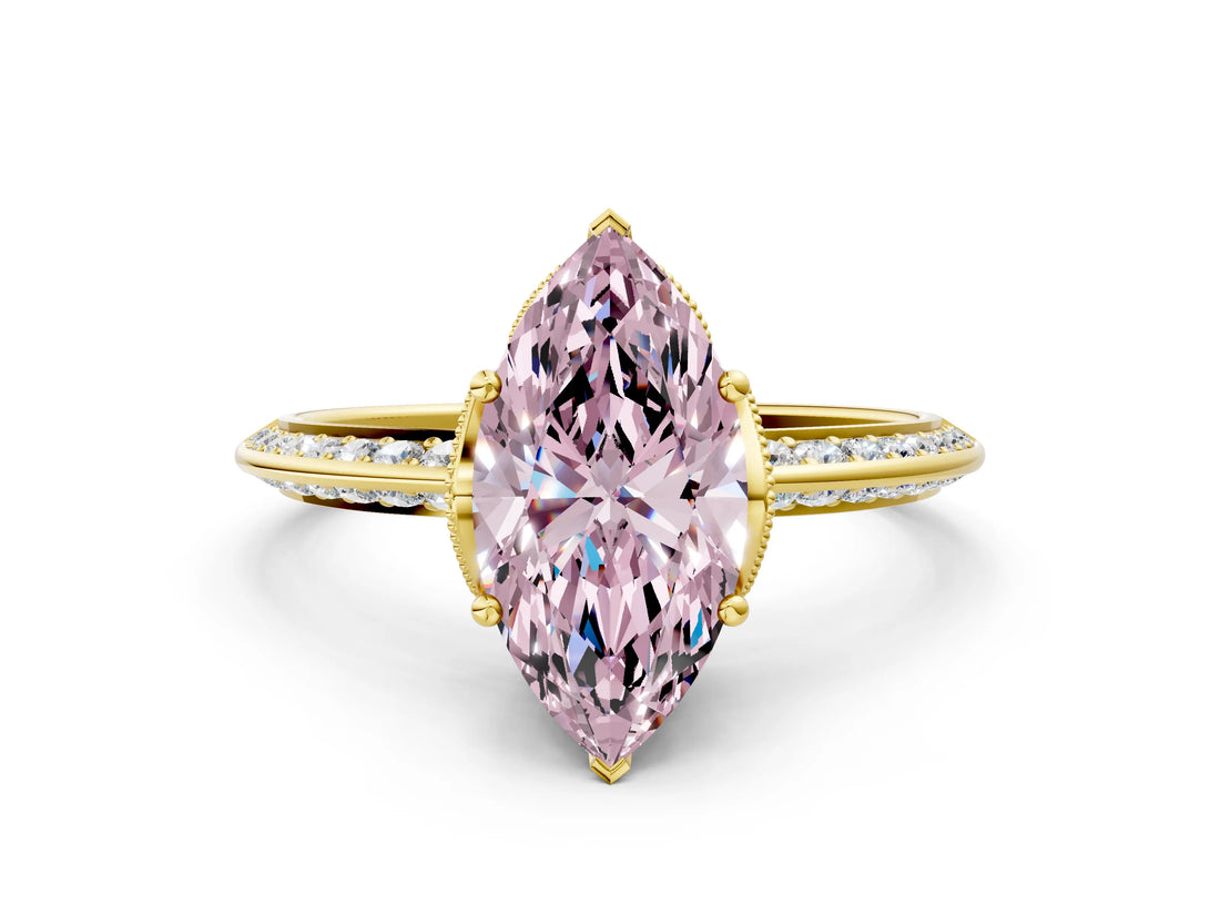 Yellow gold Fancy Pink Marquise Cut Solitaire Split Shank Pave Diamond Engagement Ring with Four-Prong Setting_24