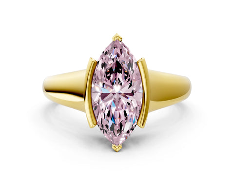 Yellow gold Fancy Pink Marquise Cut Solitaire Tension Set Diamond Ring with Split Shank Band