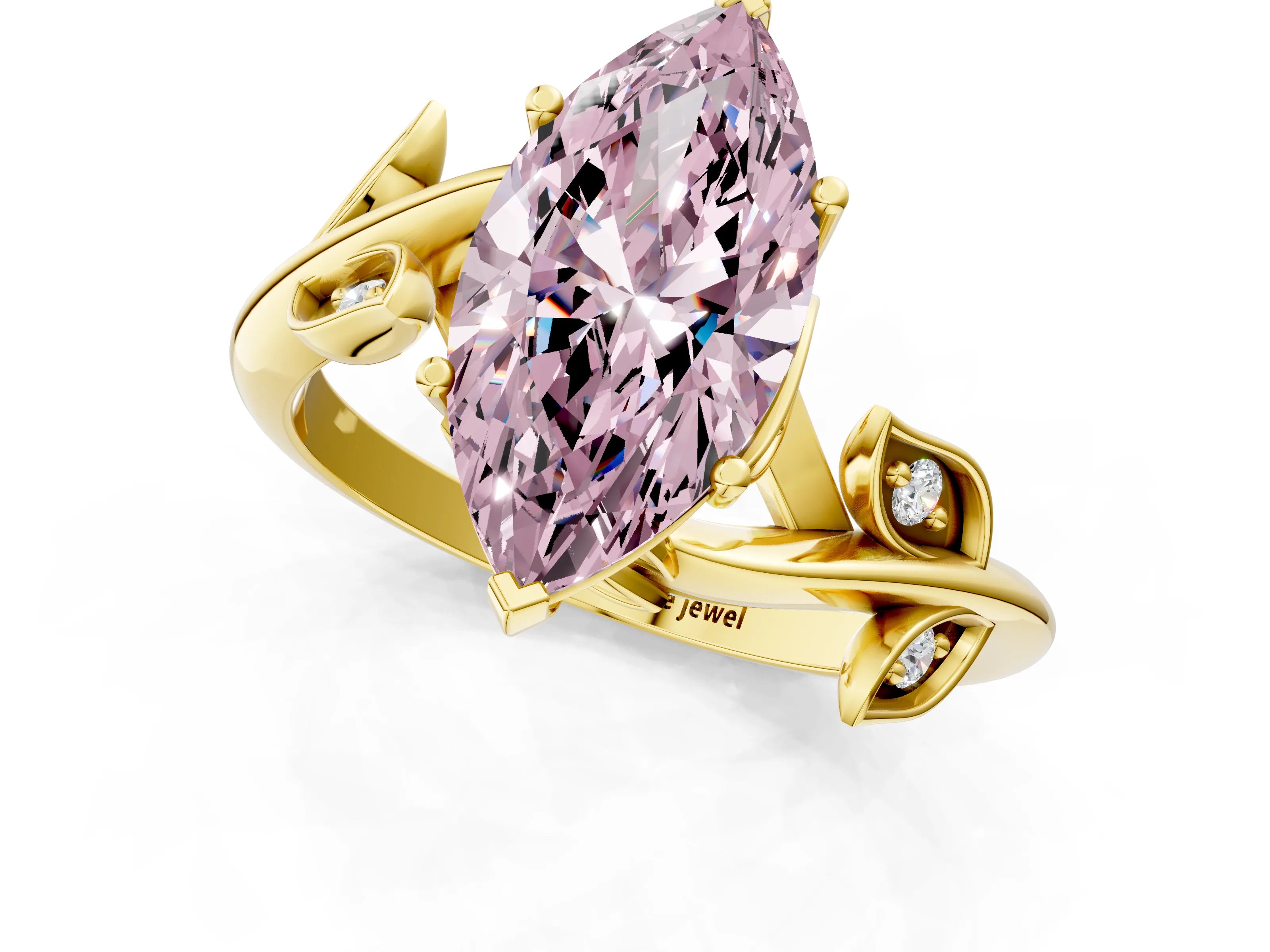 Yellow gold Fancy Pink Marquise Cut Solitaire Twist Engagement Ring with Leaf Accents and Prong Setting_1