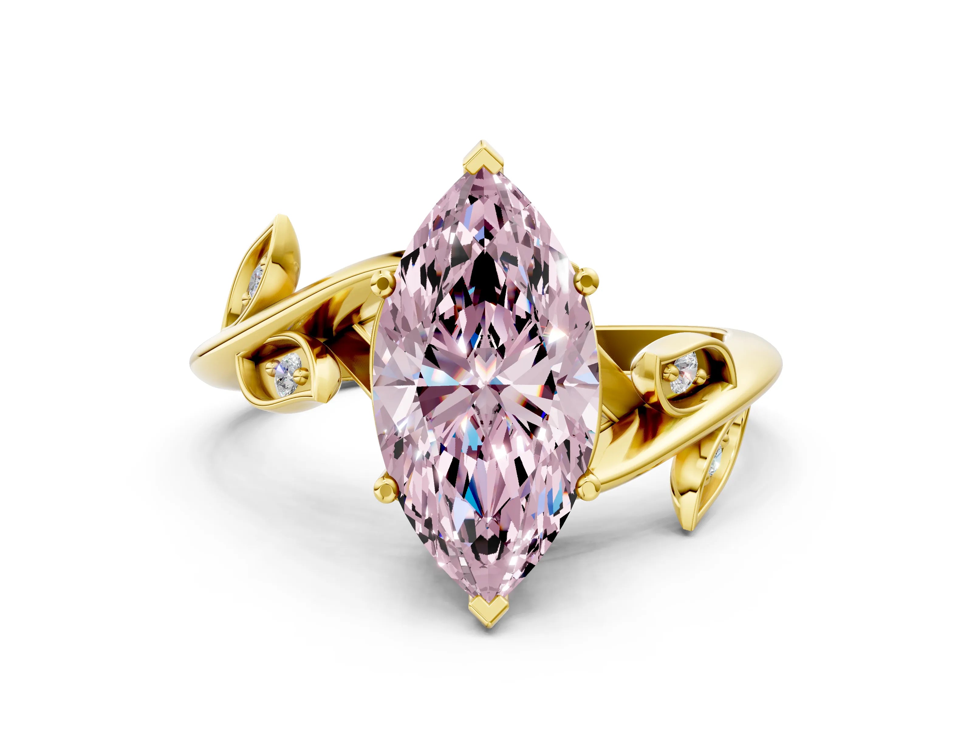 Yellow gold Fancy Pink Marquise Cut Solitaire Twist Engagement Ring with Leaf Accents and Prong Setting_12