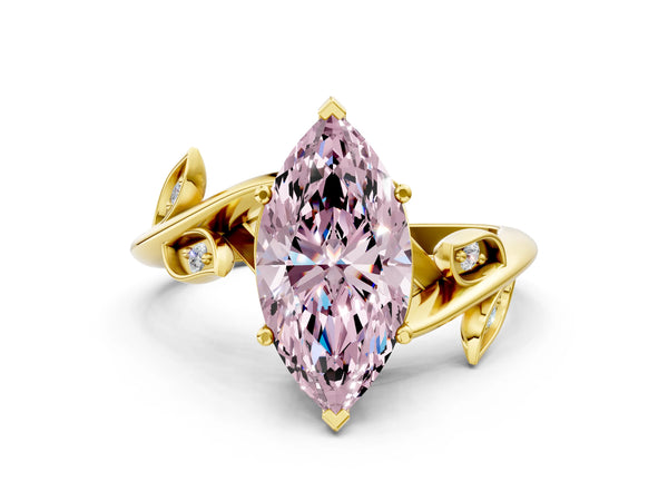 Yellow gold Fancy Pink Marquise Cut Solitaire Twist Engagement Ring with Leaf Accents and Prong Setting