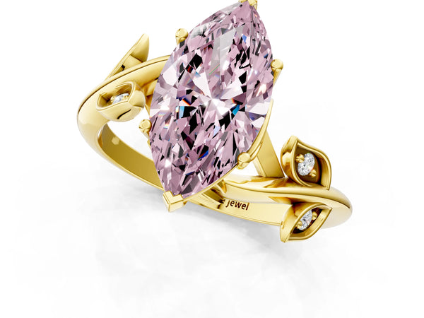 Yellow gold Fancy Pink Marquise Cut Solitaire Twist Engagement Ring with Leaf Accents and Prong Setting