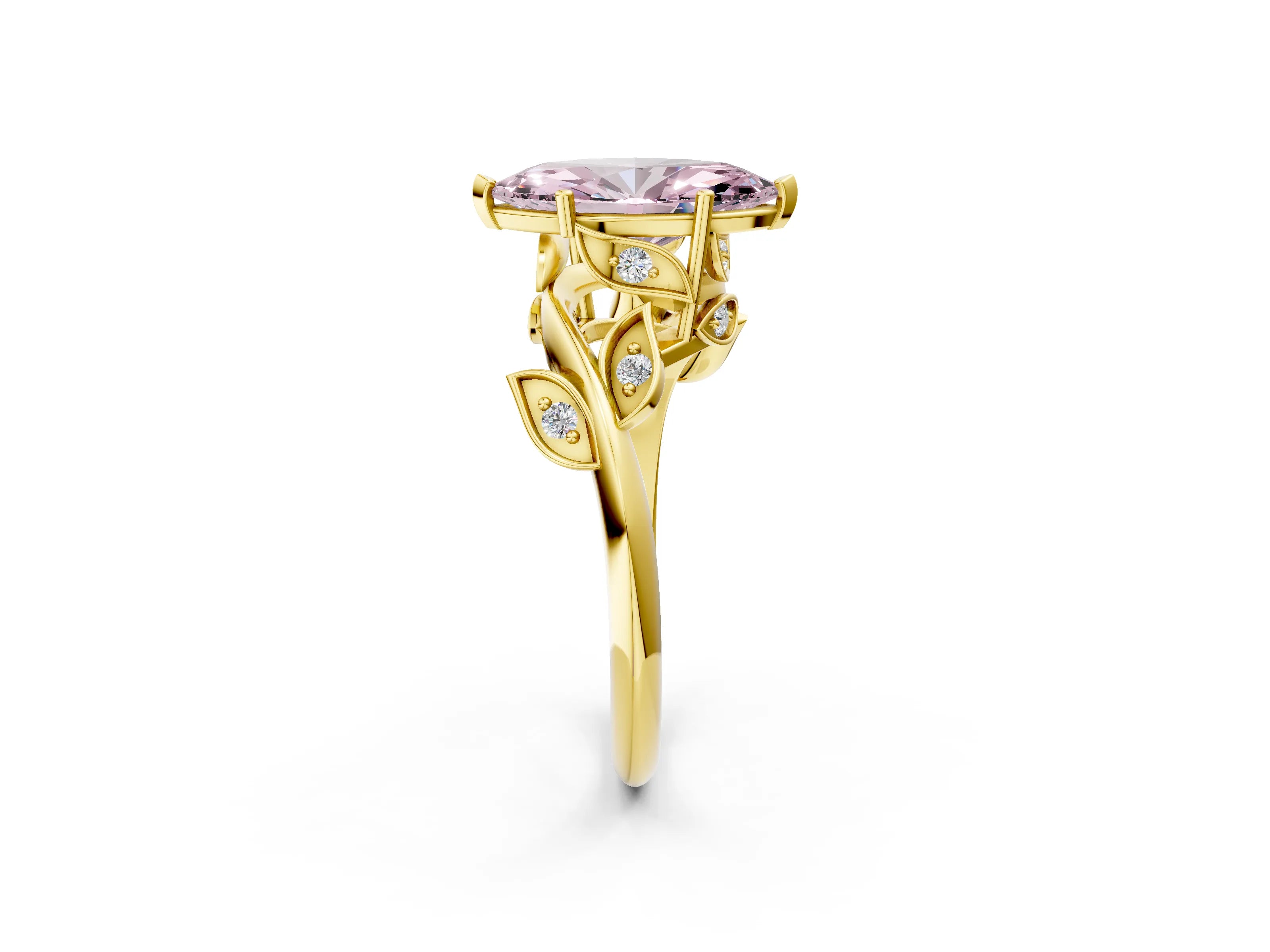 Yellow gold Fancy Pink Marquise Cut Solitaire Twist Engagement Ring with Leaf Accents and Prong Setting_14