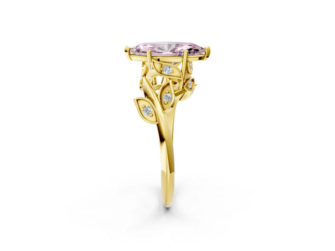 Yellow gold Fancy Pink Marquise Cut Solitaire Twist Engagement Ring with Leaf Accents and Prong Setting_14
