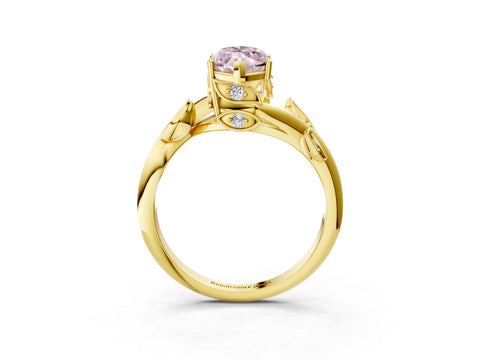 Yellow gold Fancy Pink Marquise Cut Solitaire Twist Engagement Ring with Leaf Accents and Prong Setting_15