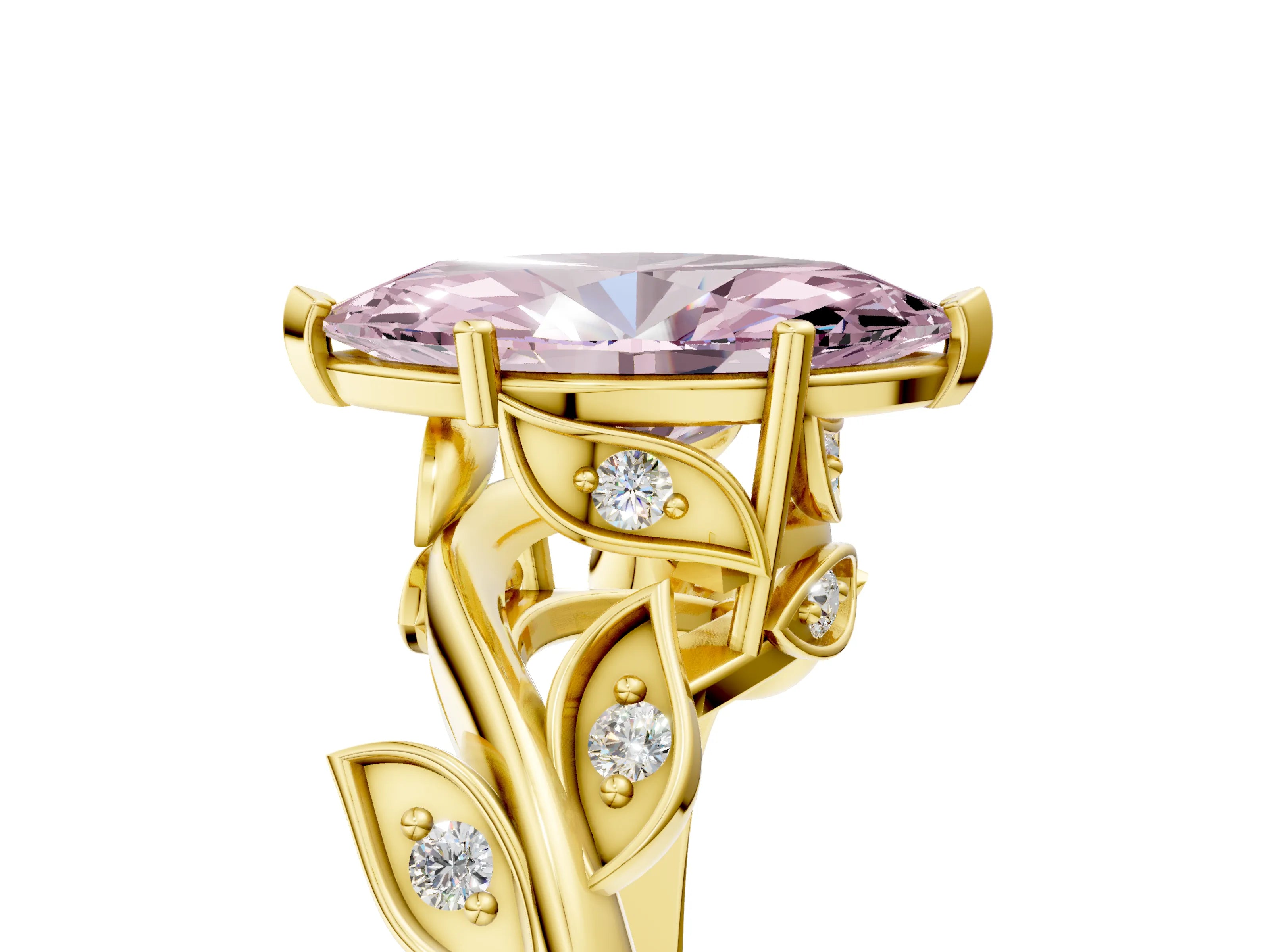 Yellow gold Fancy Pink Marquise Cut Solitaire Twist Engagement Ring with Leaf Accents and Prong Setting_17