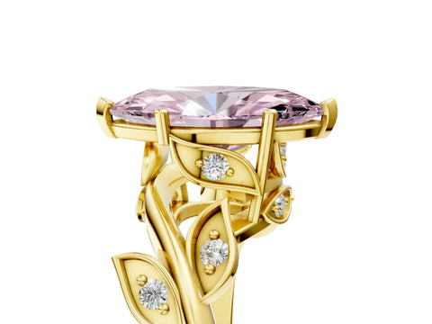 Yellow gold Fancy Pink Marquise Cut Solitaire Twist Engagement Ring with Leaf Accents and Prong Setting_17