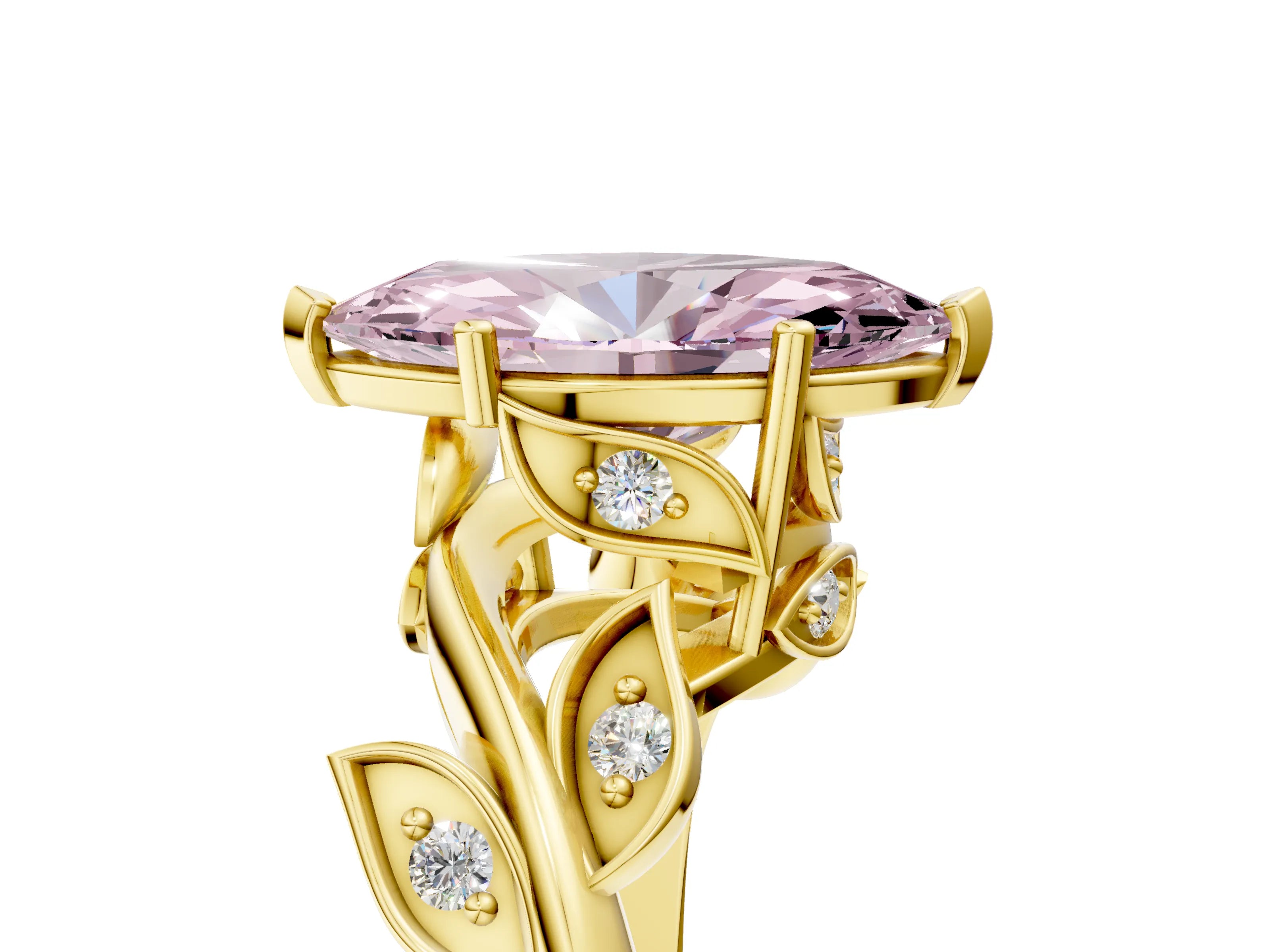 Yellow gold Fancy Pink Marquise Cut Solitaire Twist Engagement Ring with Leaf Accents and Prong Setting_5