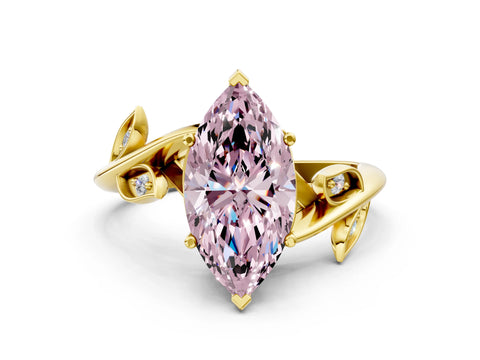 Yellow gold Fancy Pink Marquise Cut Solitaire Twist Engagement Ring with Leaf Accents and Prong Setting