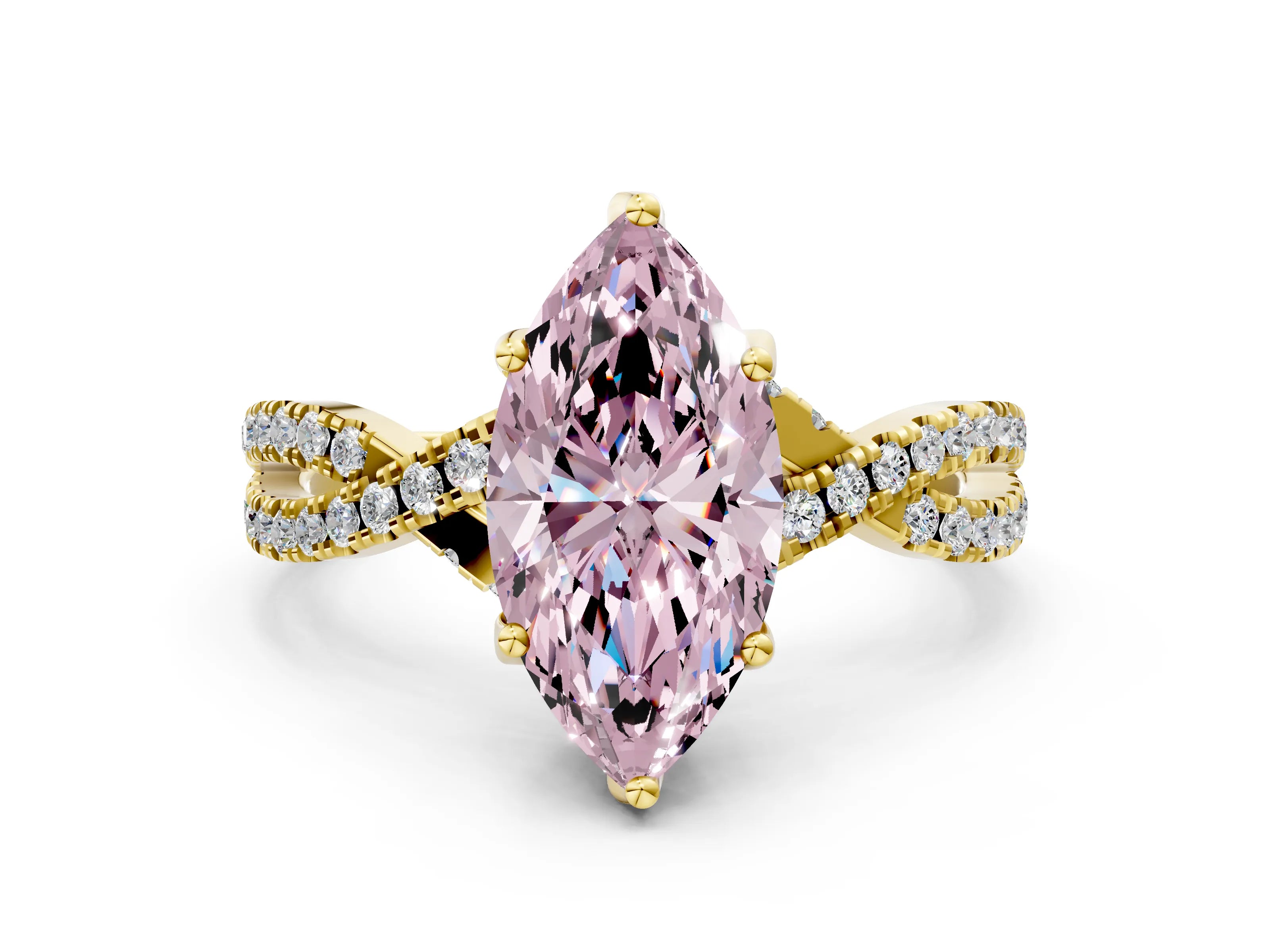 Yellow gold Fancy Pink Marquise Cut Solitaire Twist Pave Diamond Engagement Ring with Prong Setting