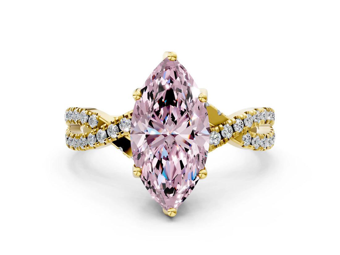 Yellow gold Fancy Pink Marquise Cut Solitaire Twist Pave Diamond Engagement Ring with Prong Setting