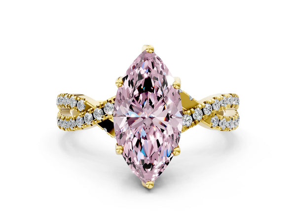 Yellow gold Fancy Pink Marquise Cut Solitaire Twist Pave Diamond Engagement Ring with Prong Setting
