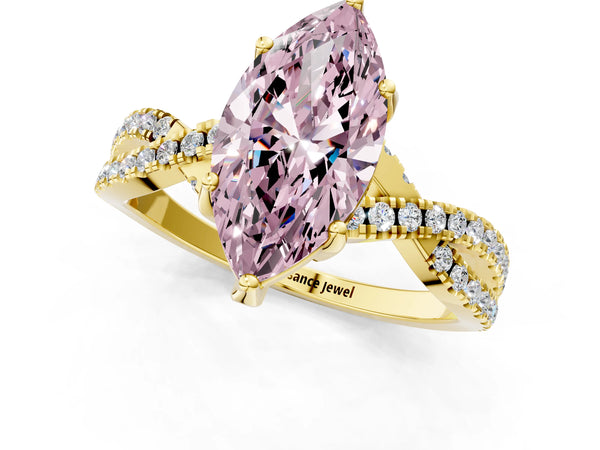 Yellow gold Fancy Pink Marquise Cut Solitaire Twist Pave Diamond Engagement Ring with Prong Setting
