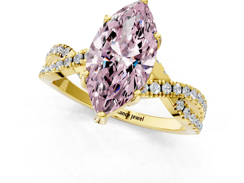 Yellow gold Fancy Pink Marquise Cut Solitaire Twist Pave Diamond Engagement Ring with Prong Setting_1