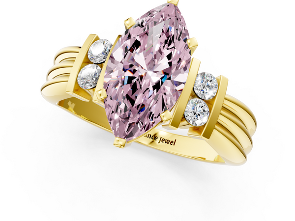 Yellow gold Fancy Pink Marquise  Cut Three-Stone Channel Set Ring with Bar Prongs