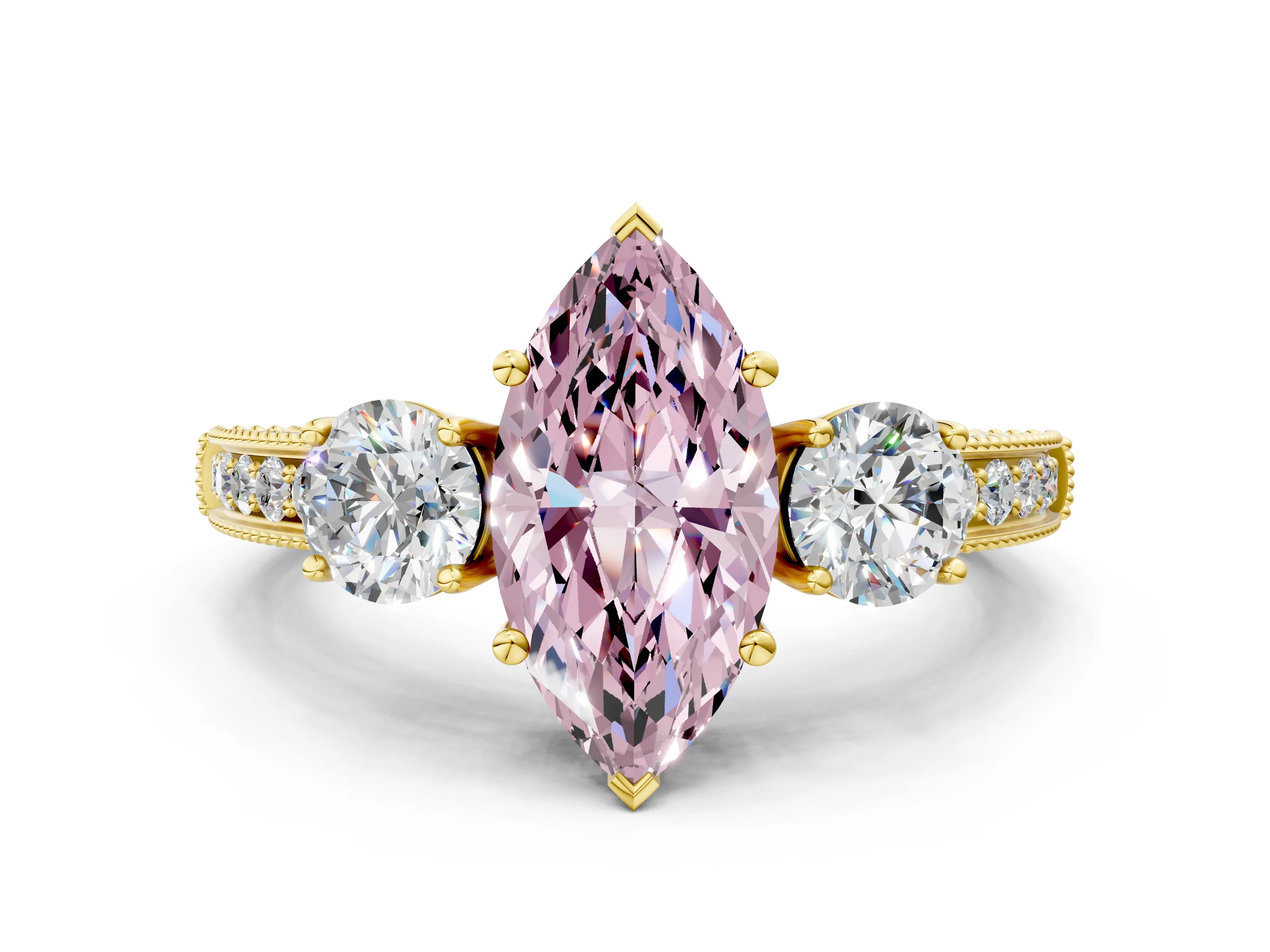 Yellow gold Fancy Pink Marquise Cut Three-Stone Diamond Ring with Pavé Band and Four-Prong Setting