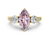 Yellow gold Fancy Pink Marquise Cut Three-Stone Diamond Ring with Pavé Band and Four-Prong Setting
