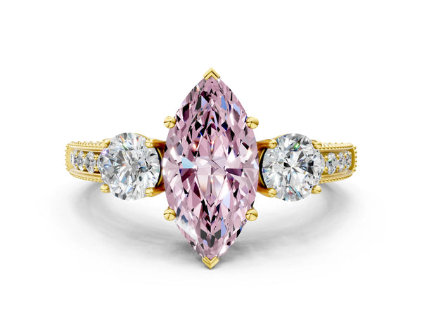 Yellow gold Fancy Pink Marquise Cut Three-Stone Diamond Ring with Pavé Band and Four-Prong Setting