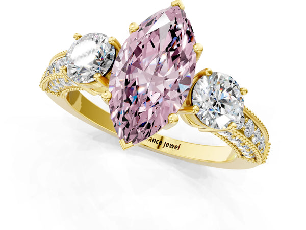 Yellow gold Fancy Pink Marquise Cut Three-Stone Diamond Ring with Pavé Band and Four-Prong Setting