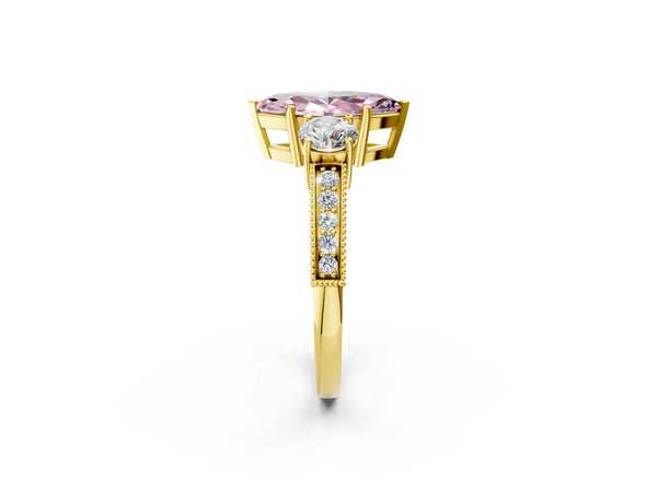 Yellow gold Fancy Pink Marquise Cut Three-Stone Diamond Ring with Pavé Band and Four-Prong Setting