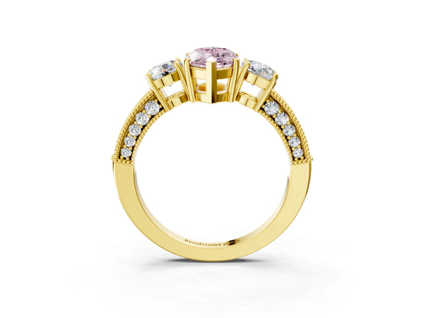 Yellow gold Fancy Pink Marquise Cut Three-Stone Diamond Ring with Pavé Band and Four-Prong Setting