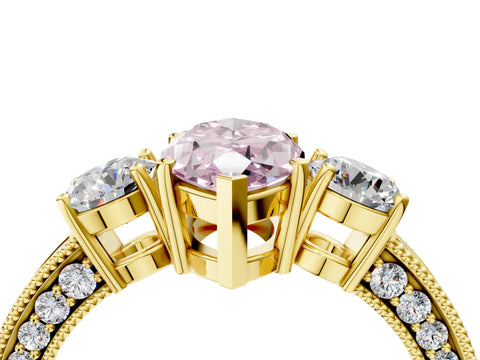 Yellow gold Fancy Pink Marquise Cut Three-Stone Diamond Ring with Pavé Band and Four-Prong Setting_4