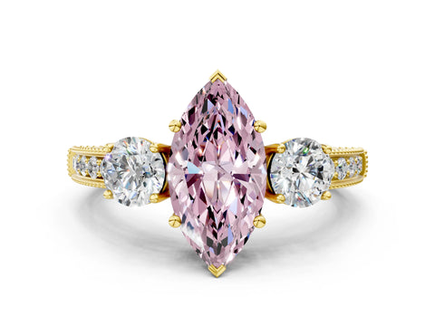 Yellow gold Fancy Pink Marquise Cut Three-Stone Diamond Ring with Pavé Band and Four-Prong Setting
