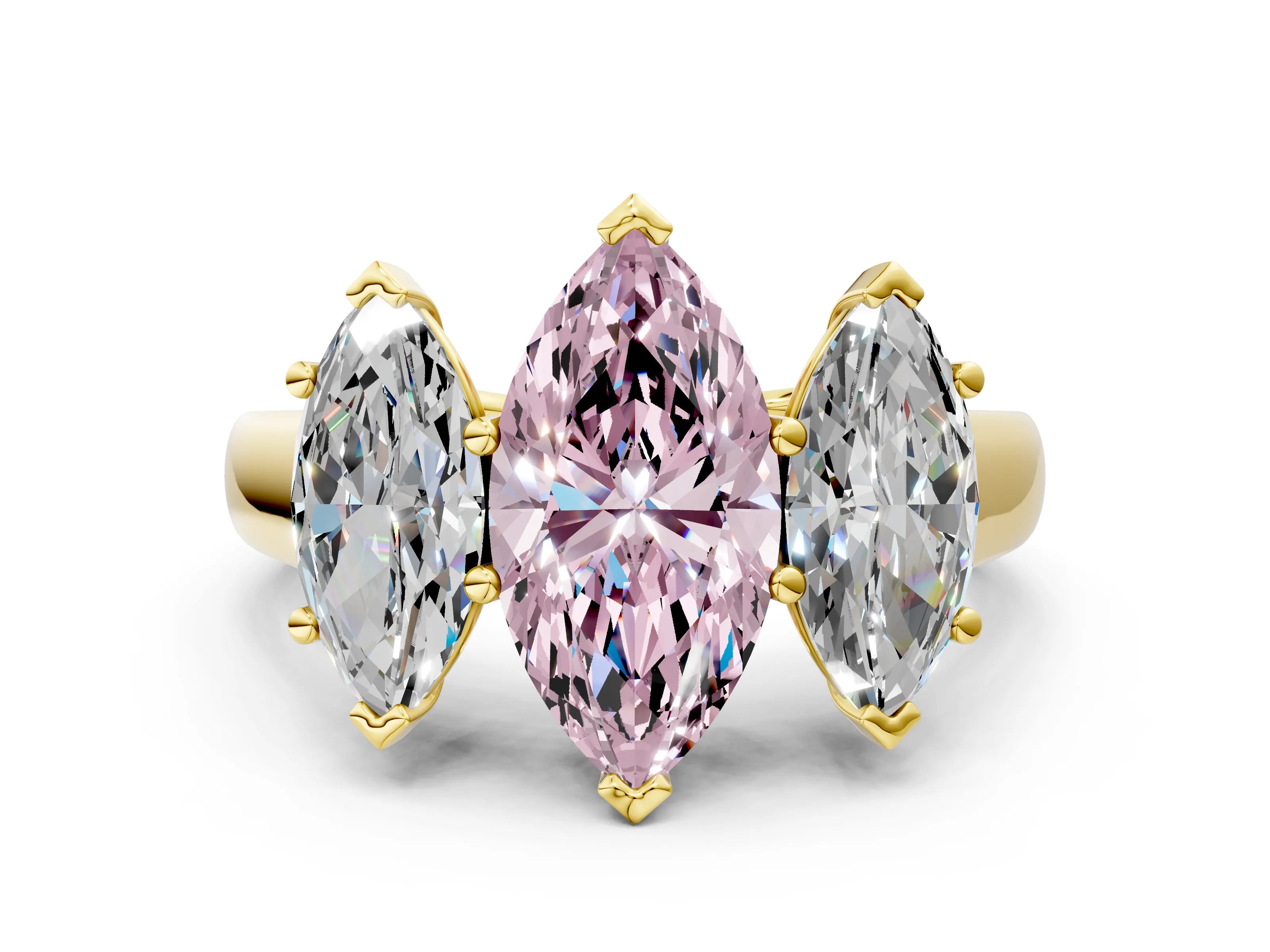 Yellow gold Fancy Pink Marquise Cut Three-Stone Diamond Ring with Prong Setting on a Classic Band