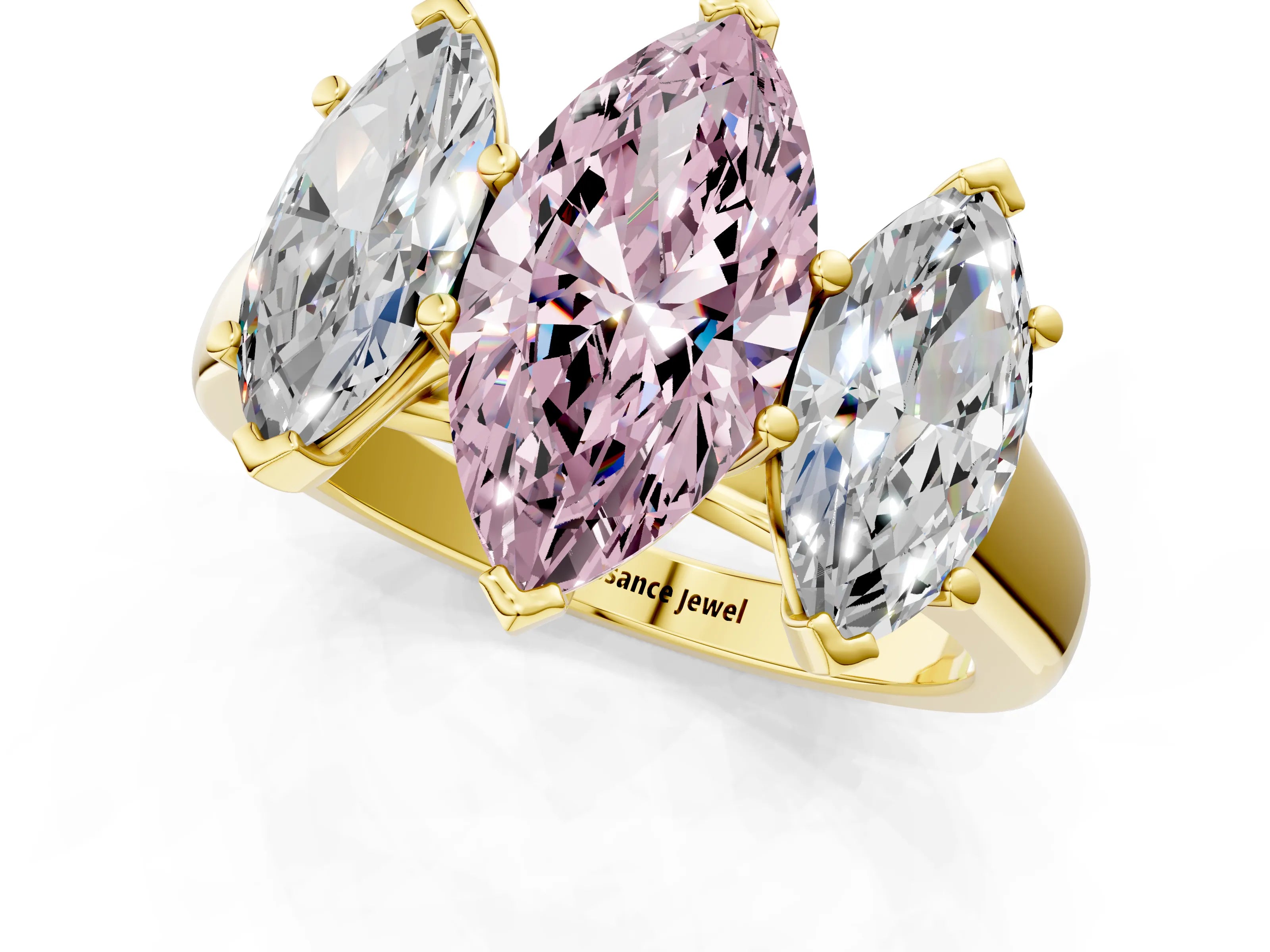 Yellow gold Fancy Pink Marquise Cut Three-Stone Diamond Ring with Prong Setting on a Classic Band_1