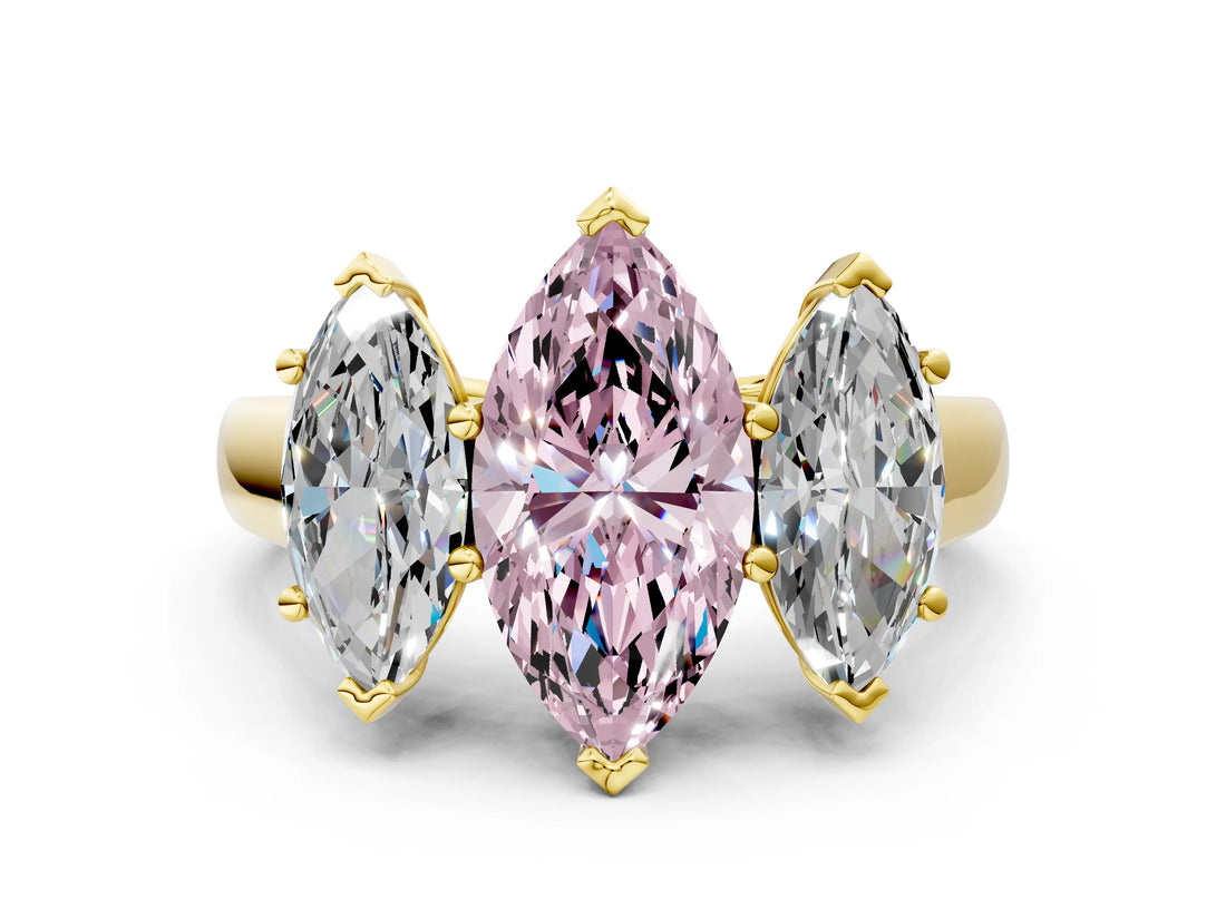 Yellow gold Fancy Pink Marquise Cut Three-Stone Diamond Ring with Prong Setting on a Classic Band_12