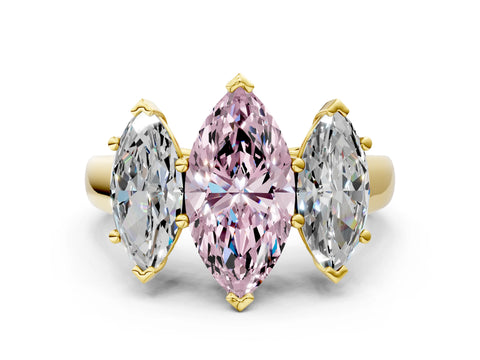 Yellow gold Fancy Pink Marquise Cut Three-Stone Diamond Ring with Prong Setting on a Classic Band