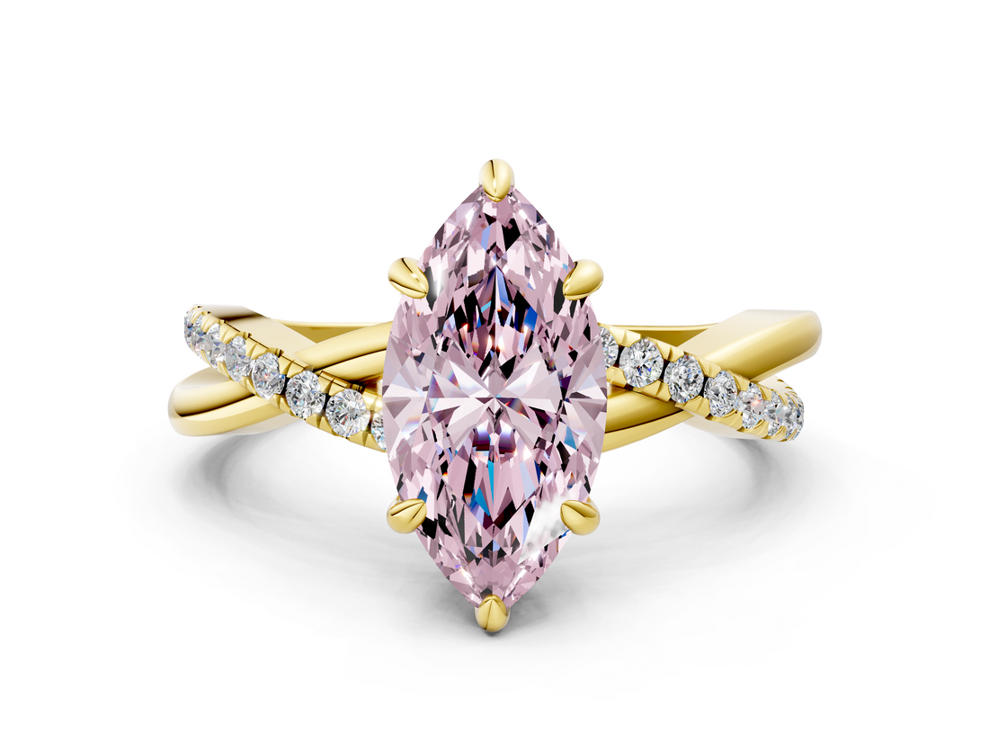 Yellow gold Fancy Pink Marquise  Cut Twist Band Solitaire Diamond Ring with Pavé Setting_3