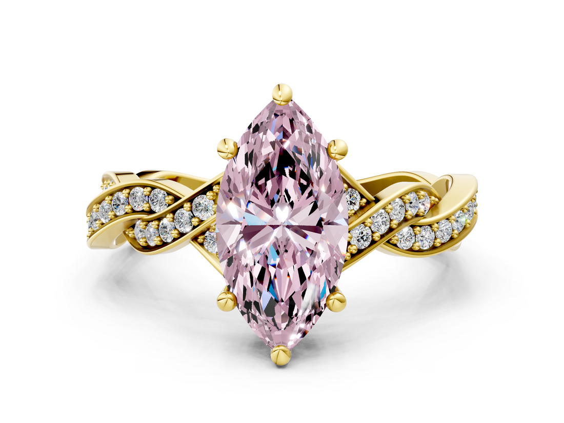 Yellow gold Fancy Pink Marquise  Cut Twisted Pavé Band Solitaire Ring with Four-Prong Setting_55