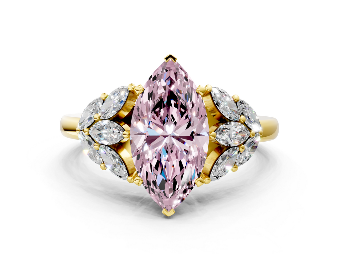 Yellow gold Fancy Pink Marquise  Diamond Cluster Leaf Design Ring with Prong Setting_69