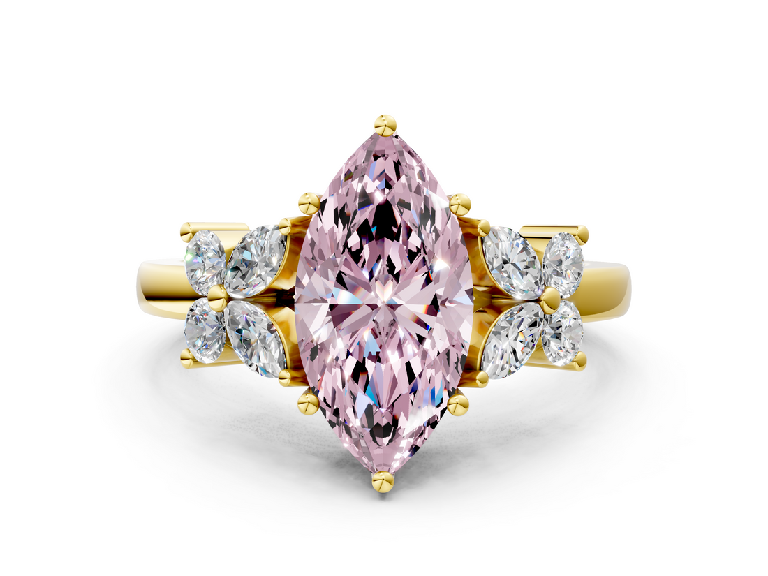Yellow gold Fancy Pink Marquise  Diamond Floral Cluster Ring with Solitaire Band and Prong Setting_43